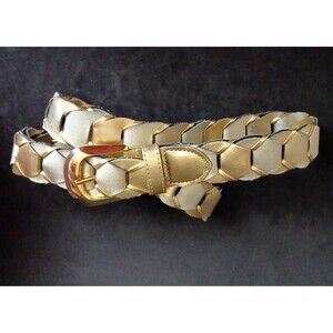 80s Belt Metallic Faux Leather Gold Silver Woven Gold Buckle Lg Disco 37" x 1"